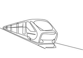 El dibujo de una sola línea del tren visto desde el frente se prepara para llevar a los pasajeros de forma rápida, segura y cómoda a su destino. Ilustración de vector gráfico de diseño de dibujo de línea continua moderna.