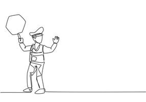 Continuous one line drawing policeman in full uniform and lifting traffic signs are controlling the crowds of vehicles during office rush hour. Single line draw design vector graphic illustration.