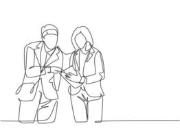 One continuous line drawing of young happy male and female marketing manager discussing sales progress on tablet phone. Online business report concept. Single line draw design vector illustration