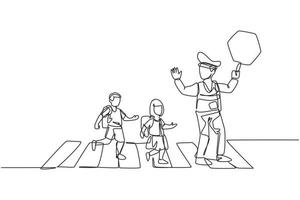 Continuous one line drawing of primary school students crossing the road on the zebra crossing are helped by traffic police holding stop signs. Single line draw design vector graphic illustration.