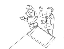 Single continuous line drawing of young architect and foreman discussing about blueprint building design. Construction planning talk concept. Modern one line draw design graphic vector illustration