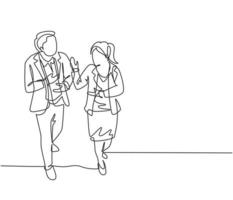 Single continuous line drawing of two business colleagues discussing about plan doing project together while walking. Business collaboration concept one line draw graphic design vector illustration