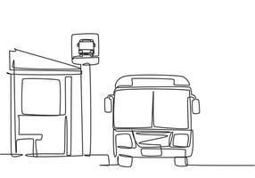 Single one line drawing of bus stop with shelter, simple bus sign and a bus waiting for passengers to get on and off, then continue the journey. Continuous line draw design graphic vector illustration