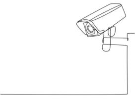 Single continuous line drawing of CCTV with a box shape installed on the side of the highway to monitor traffic movements and improve security systems. One line draw graphic design vector illustration