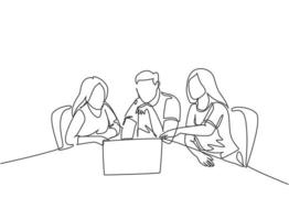 Single continuous line drawing of young business man and business woman discussing project learning data graph on laptop screen. Business meeting one line draw graphic design vector illustration