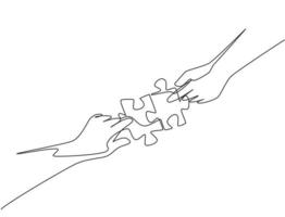 Single continuous line drawing of young happy man and woman put the puzzle pieces together to form cute heart shape. Romantic marriage love concept one line draw graphic design vector illustration