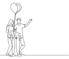 un dibujo de una sola línea de un joven feliz pareja de hombre y mujer dando un paseo juntos y sosteniendo un globo en forma de corazón. Concepto de amor de matrimonio romántico ilustración de vector de diseño de dibujo de línea continua