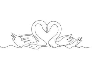 un dibujo de línea continua de una linda pareja de cisnes nadando en el lago y sus cabezas en forma de corazón romántico. Ilustración de vector de diseño de dibujo gráfico de línea única concepto de amor animal romántico