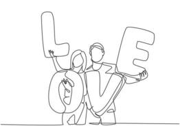 One single line drawing of young happy couple man and woman holding LOVE letter balloon after proposal marriage event. Romantic love concept continuous line draw graphic design vector illustration