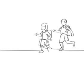 Single continuous line drawing elementary school students both boys and girls were running on the side of the road avoiding being late for school. One line draw graphic design vector illustration.