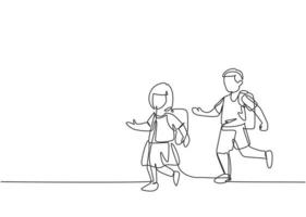 Single continuous line drawing elementary school students both boys and girls were running on the side of the road avoiding being late for school. One line draw graphic design vector illustration.