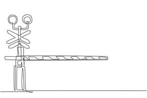 Continuous one line drawing a railway barrier with stripes, signs, and warning lights closes railroad crossings to prevent vehicles from entering. Single line draw design vector graphic illustration.