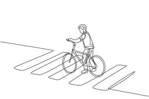 Single one line drawing of a young man riding a bicycle crossing the zebra crossing at a crossroads. vector