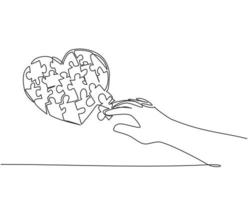 Single continuous line drawing of young happy woman put the puzzle pieces together to cute heart shape form. Romantic game of love concept. Modern one line draw design graphic vector illustration