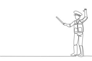 Single one line drawing of a policeman in full uniform and using a short stick is controlling the vehicle on a busy highway. A life in the city. Continuous line draw design graphic vector illustration