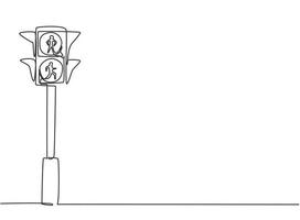 Single one line drawing of special traffic lights for pedestrians crossing the highway through the zebra crossing. Only two colors. Red and green. One line draw design graphic vector illustration.