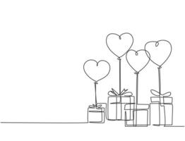 One continuous line drawing of cute gifts box tied with ribbon tape and flying heart shaped gas balloon. Romantic marriage proposal gift concept single line draw design graphic vector illustration