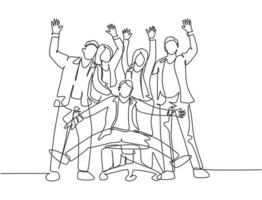 One single line drawing of group of male manager and female manager celebrating their success achieve business target. Team work goal concept continuous line draw design graphic vector illustration