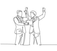 One continuous line drawing of young happy business man hugging his friend to celebrate their successive business deal. Business contract success concept single line draw design vector illustration