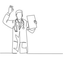 One single line drawing of young happy male doctor showing medical to do list task on clipboard and giving good hand gesture. Medical check up concept continuous line draw design vector illustration