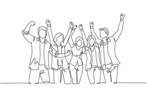 One single line drawing of group of young happy ceo and his colleagues celebrating their success achieving the company business target. Team work goal concept continuous line draw design illustration vector