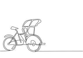 Continuous one line drawing pedicab is viewed from the side with three wheels and the front passenger seat and the driver's controls at the rear. Single line draw design vector graphic illustration.