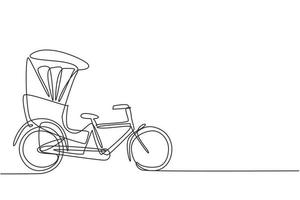 El dibujo de una sola línea continua el rickshaw de ciclo visto desde el lado tira al pasajero sentado detrás de él con un pedal de bicicleta. vehículo turístico. Ilustración de vector de diseño gráfico de dibujo de una línea.