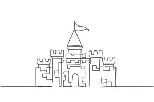 Continuous one line drawing, a castle in an amusement park with five towers and one flag above it. A palace where a happy royal family lived. Single line draw design vector graphic illustration.