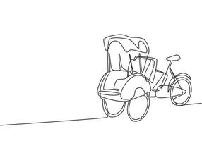 Single one line drawing pedicab with three wheels and passenger seat at the front and driver control at the rear are often found in Indonesia. Continuous line draw design graphic vector illustration.