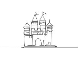 dibujo de una sola línea del castillo en un parque de atracciones con cuatro torres y dos banderas. un fuerte que contiene una atmósfera de cuento de hadas. Ilustración de vector gráfico de diseño de dibujo de línea continua