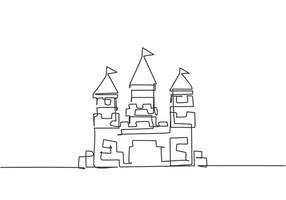 Single continuous line drawing a castle in an amusement park with three towers and a flag on each roof. Fort building that tells of life in a kingdom. One line draw graphic design vector illustration