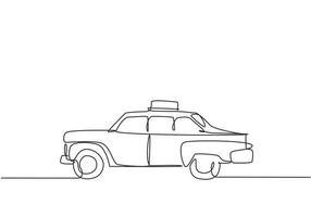 Continuous one line drawing old taxi cars that are still operating serve passengers to get around to historical places. Vintage holiday facilities. Single line draw design vector graphic illustration.