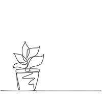 Las plantas en macetas de dibujo de línea continua única con cinco hojas en crecimiento se utilizan para plantas ornamentales. Planta para decorar el fregadero para que luzca verde. Ilustración de vector de diseño gráfico de dibujo de una línea.