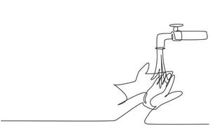 Single one line drawing of washing hands with clean water spilled from the tap to protection hands from germs, bacteria and viruses. Modern continuous line draw design graphic vector illustration.