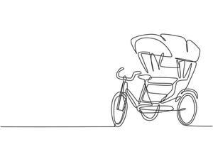 El dibujo de una sola línea del rickshaw de tres ruedas y un asiento del pasajero trasero es un vehículo antiguo en varios países asiáticos. Ilustración de vector gráfico de diseño de dibujo de línea continua moderna.