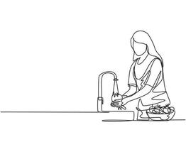 Continuous one line drawing a woman was washing the fruit in the sink from the bacteria that stick to it thoroughly. Using splash and water flow. Single line draw design vector graphic illustration.