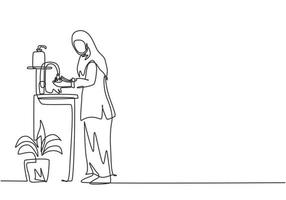 Continuous one line drawing a woman in a hijab washes her hands in the sink, there is a soap dish near the faucet and pot of plants under the sink. Single line draw design vector graphic illustration.