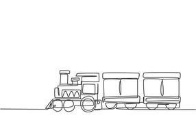 Single one line drawing of a train locomotive with two carriages in the form of a roving steam system in amusement park to transport passengers. Continuous line draw design graphic vector illustration