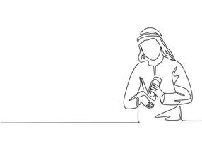 Single continuous line drawing an Arab male pours hand sanitizer into his palms to avoid germs and be more hygienic. Protection against corona virus. One line draw graphic design vector illustration.