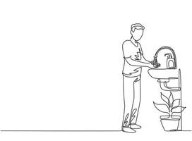 Single continuous line drawing a man washes his hands in the sink, there is a soap dispenser by the faucet and there is a pot of plants under the sink. One line draw graphic design vector illustration