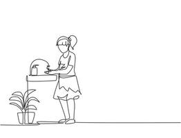 Single continuous line drawing a girl washes her hands in the sink, there is a soap dish by the tap and there is a pot of plants under the sink. One line draw graphic design vector illustration.