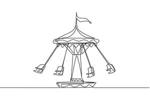 Continuous one line drawing wave swinger in the amusement park with four seats and a flag above. The passengers can swing around in the sky. Single line drawing design, vector graphic illustration.