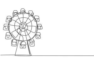 Single one line drawing of a ferirs wheel in an amusement park, a circular circle turning high in the sky. Festival play ride concept. Modern continuous line draw design graphic vector illustration