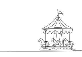 Single continuous line drawing of a horse carousel in an amusement park spinning in a circle under a striped tent with a flag on it. Play on funfair. One line draw graphic design vector illustration.