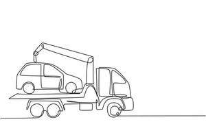 Single continuous line drawing tow truck is transporting a broken car on top of it with a crane. The car is taken to the garage for service. Dynamic one line draw graphic design vector illustration.