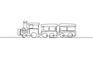dibujo de línea continua única de un tren locomotora con dos vagones en forma de sistema de vapor itinerante en un parque de atracciones para transportar pasajeros. Ilustración de vector de diseño gráfico de dibujo de una línea