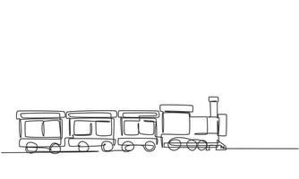 Single one line drawing of a train locomotive with three carriages in the form of a roving steam system in an amusement park to transport passengers. One line draw design graphic vector illustration.