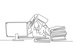 One single line drawing of young depression female employee sitting in front of computer and stack of papers and covered her head with folder. Worker concept continuous line draw design illustration vector