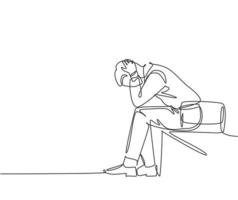 Single continuous line drawing of depression young worker sitting on chair and holding his head because of confused. Work pressure at the office concept one line draw design vector illustration