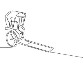 Dibujo continuo de una línea de vehículos tirados de rickshaw que son parte de la historia en china y japón con dos ruedas y siendo remolcados por humanos. Ilustración gráfica de vector de diseño de dibujo de una sola línea.